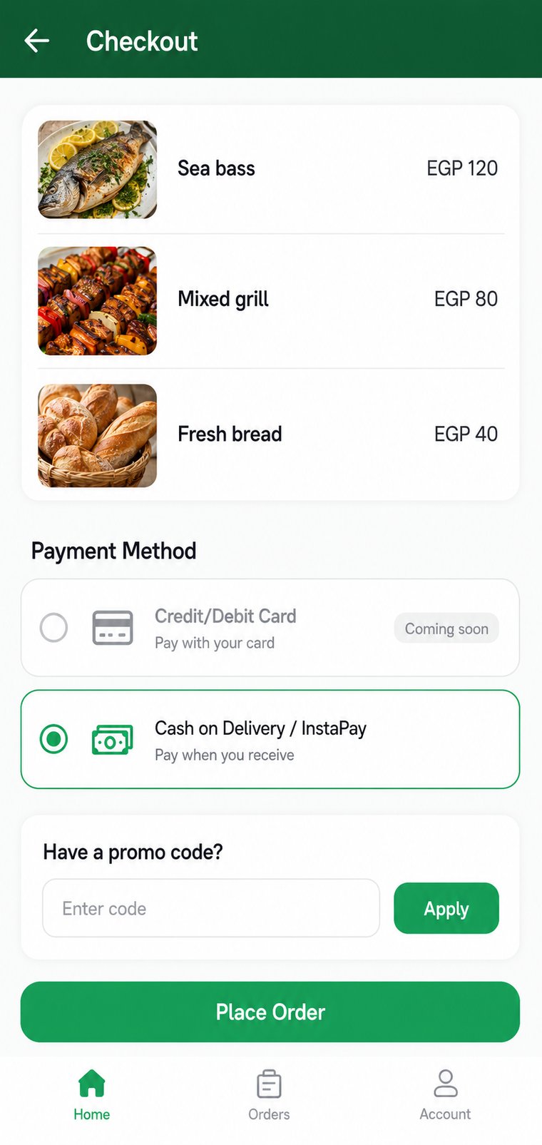 Rizq checkout — pay cash on delivery or InstaPay