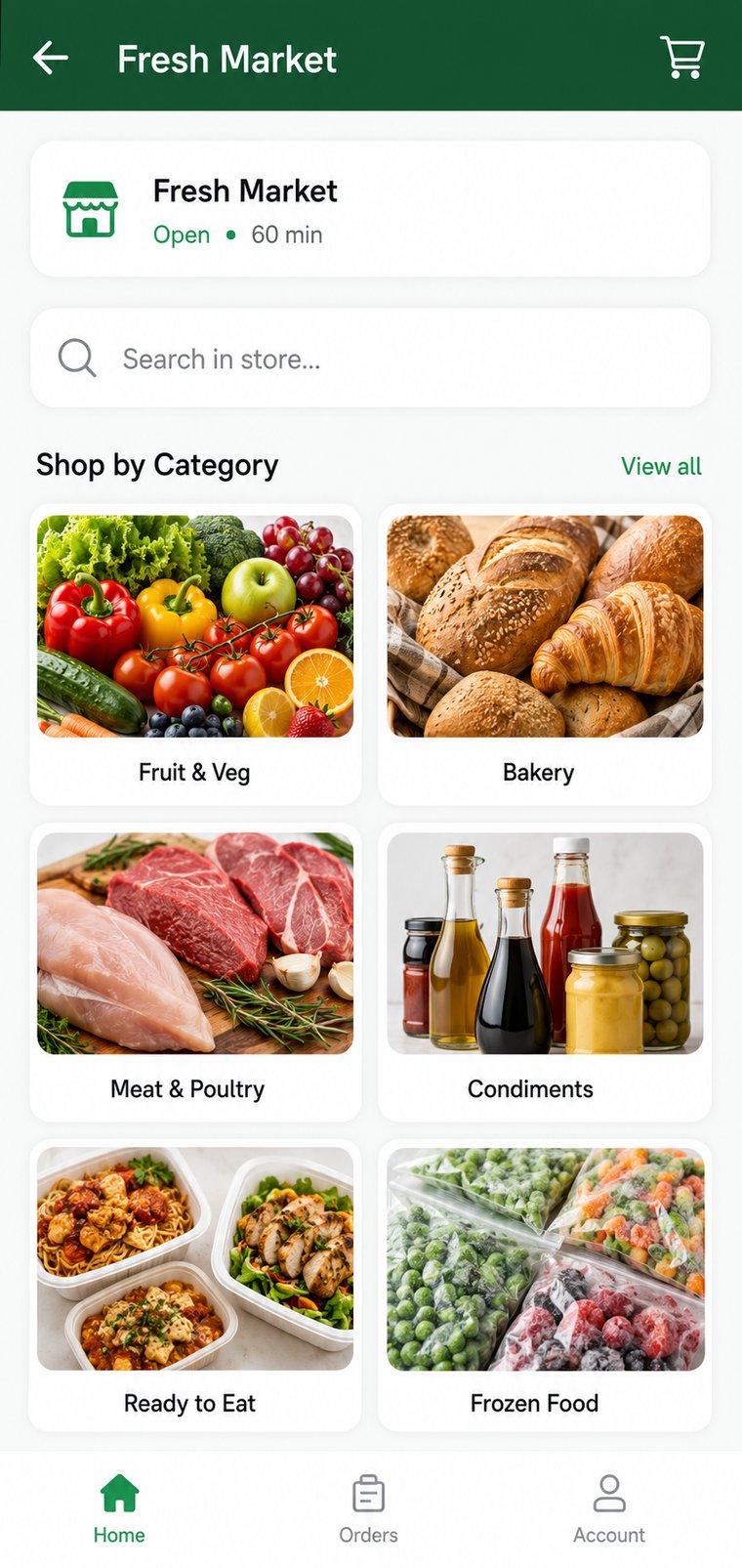 Rizq app — browse grocery categories from your local supermarket