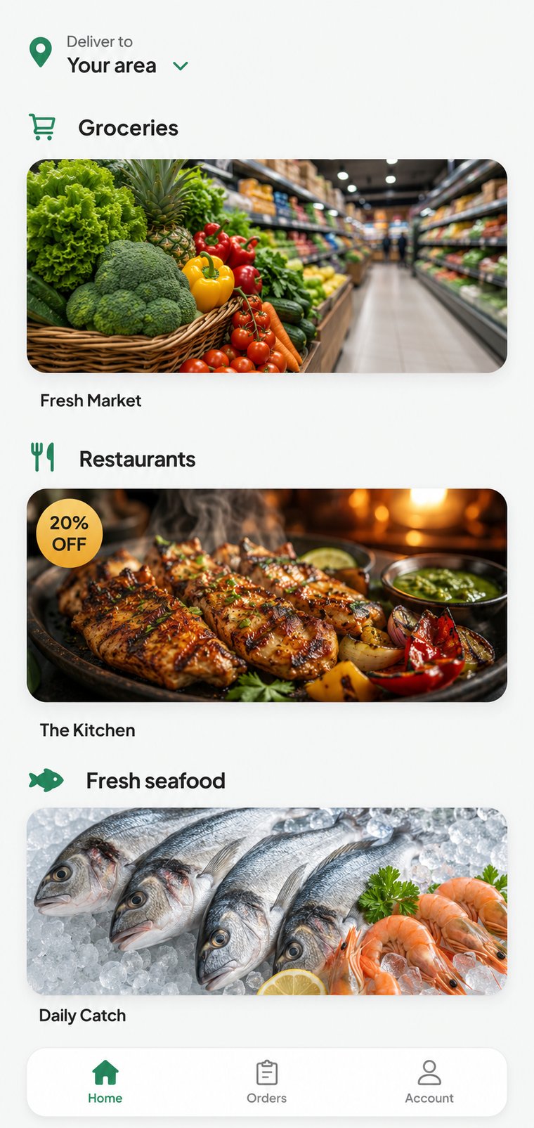 Rizq app home — groceries, restaurants and seafood in one place