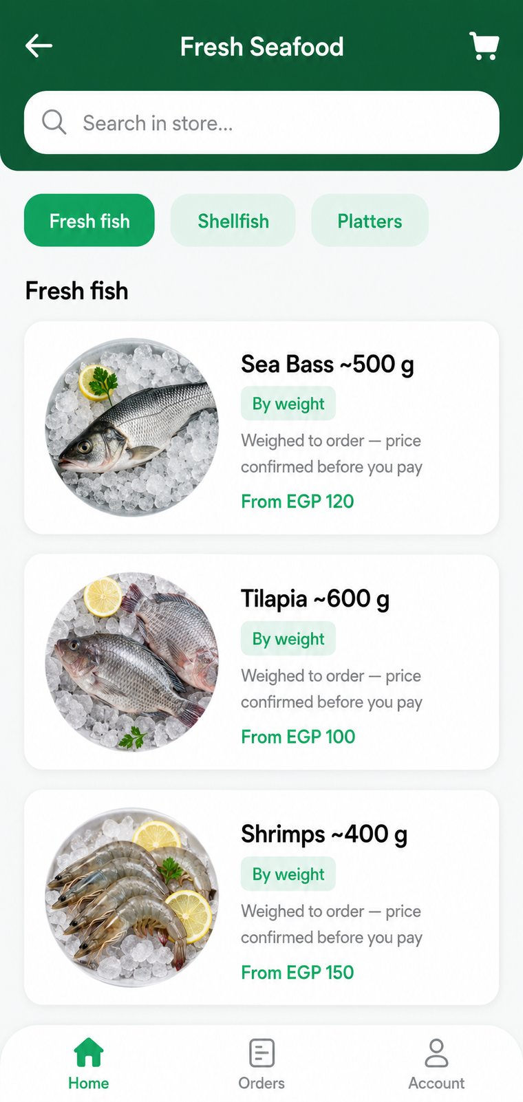 Rizq app — fresh seafood store priced by weight